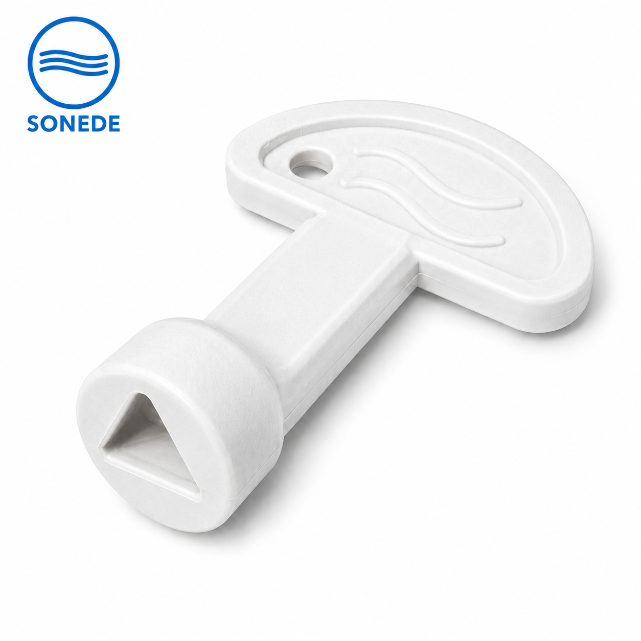 Clé triangulaire SONEDE en plastique blanc pour ouverture de compteur d’eau en Tunisie.