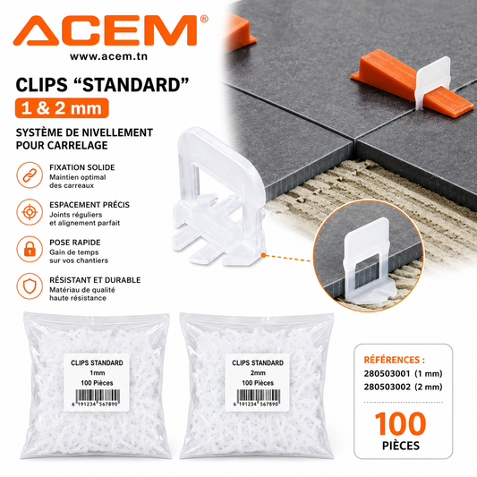 Clips de carrelage ACEM Standard 1 mm et 2 mm pour système de nivellement de carrelage, sachets de 100 pièces, accessoires de pose de carrelage pour espacement précis et finition professionnelle.