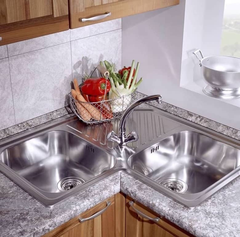 Évier d'Angle en Inox 2 Cuves avec Égouttoir 830x830mm