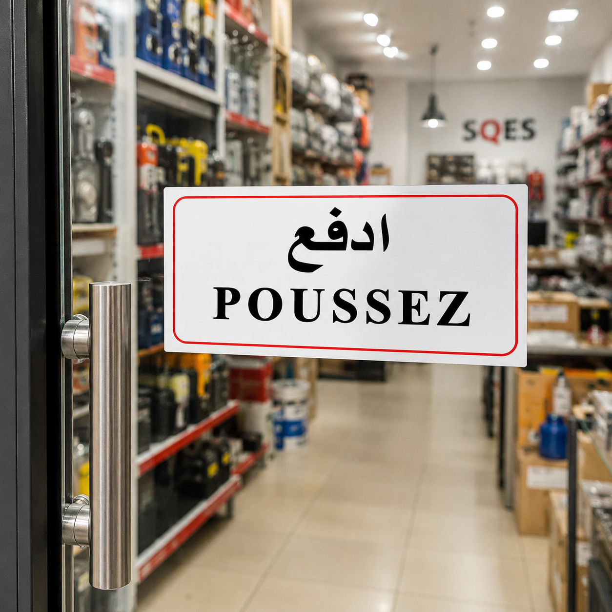 Plaque autocollante POUSSEZ ادفع installée sur porte vitrée de magasin quincaillerie SQES Ariana Menzah 8 Tunisie