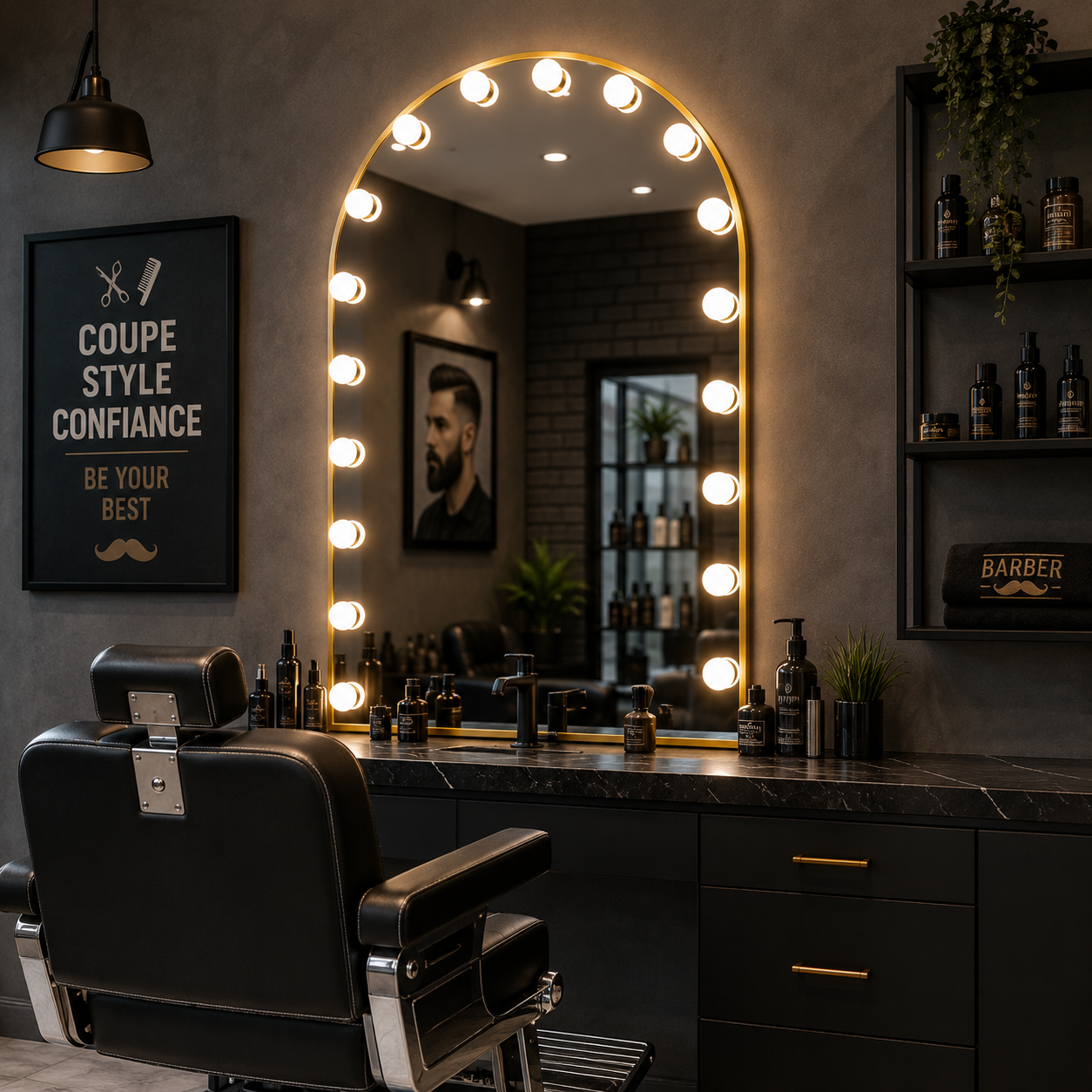 Miroir Hollywood LED cadre doré installé dans un salon de beauté élégant – éclairage maquillage professionnel | SQES