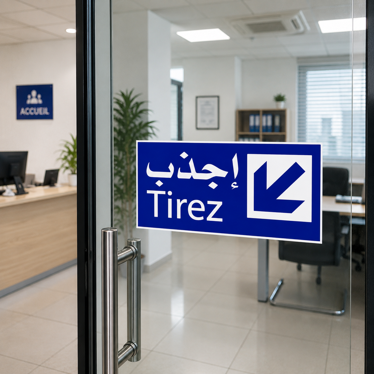 Plaque de signalisation "Tirez" / "إجذب" – Autocollante – Bleu & Blanc
