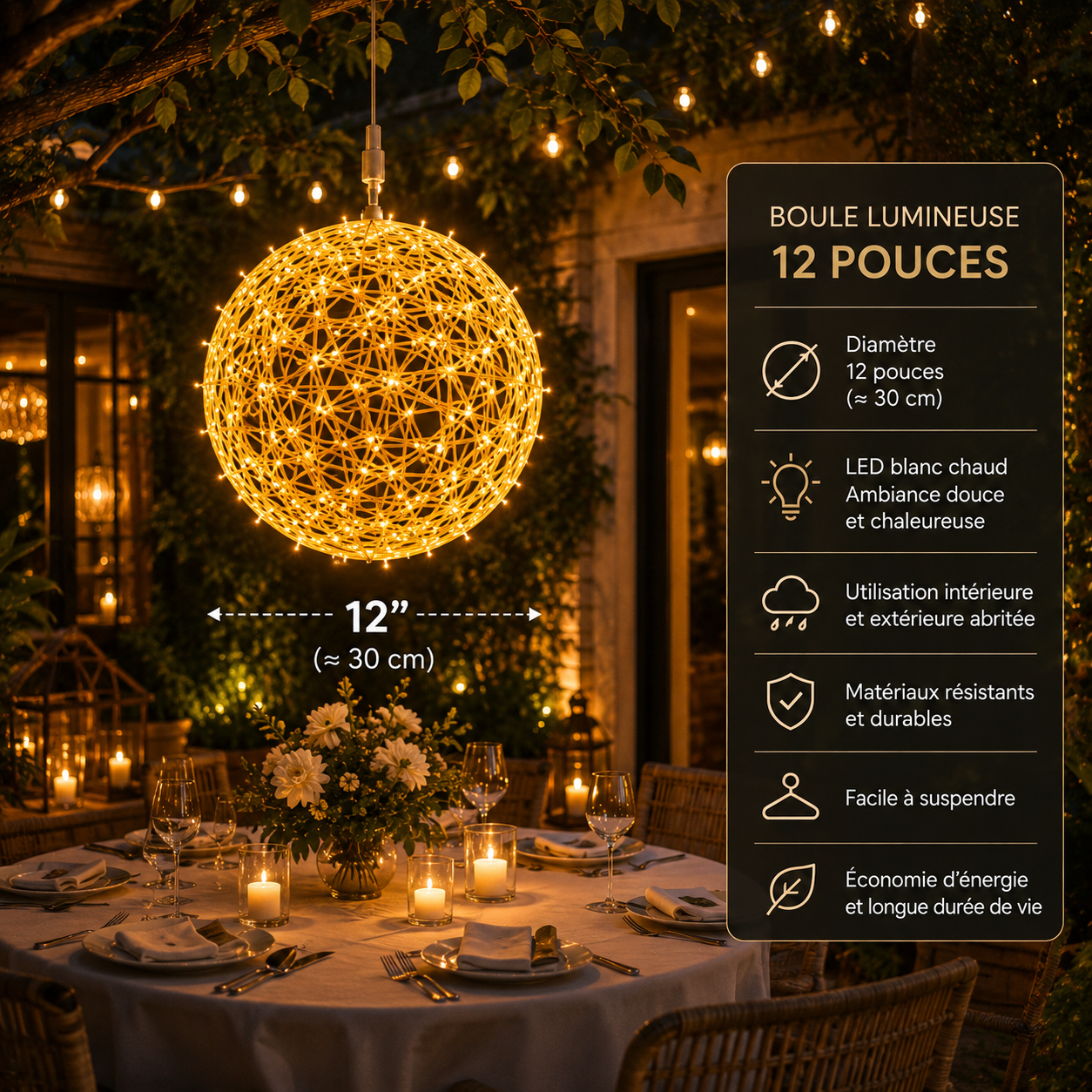Boule lumineuse décorative LED tressée, blanc chaud. Dispo en 3 tailles. Livraison Tunisie – SQES Ariana Menzah 8.