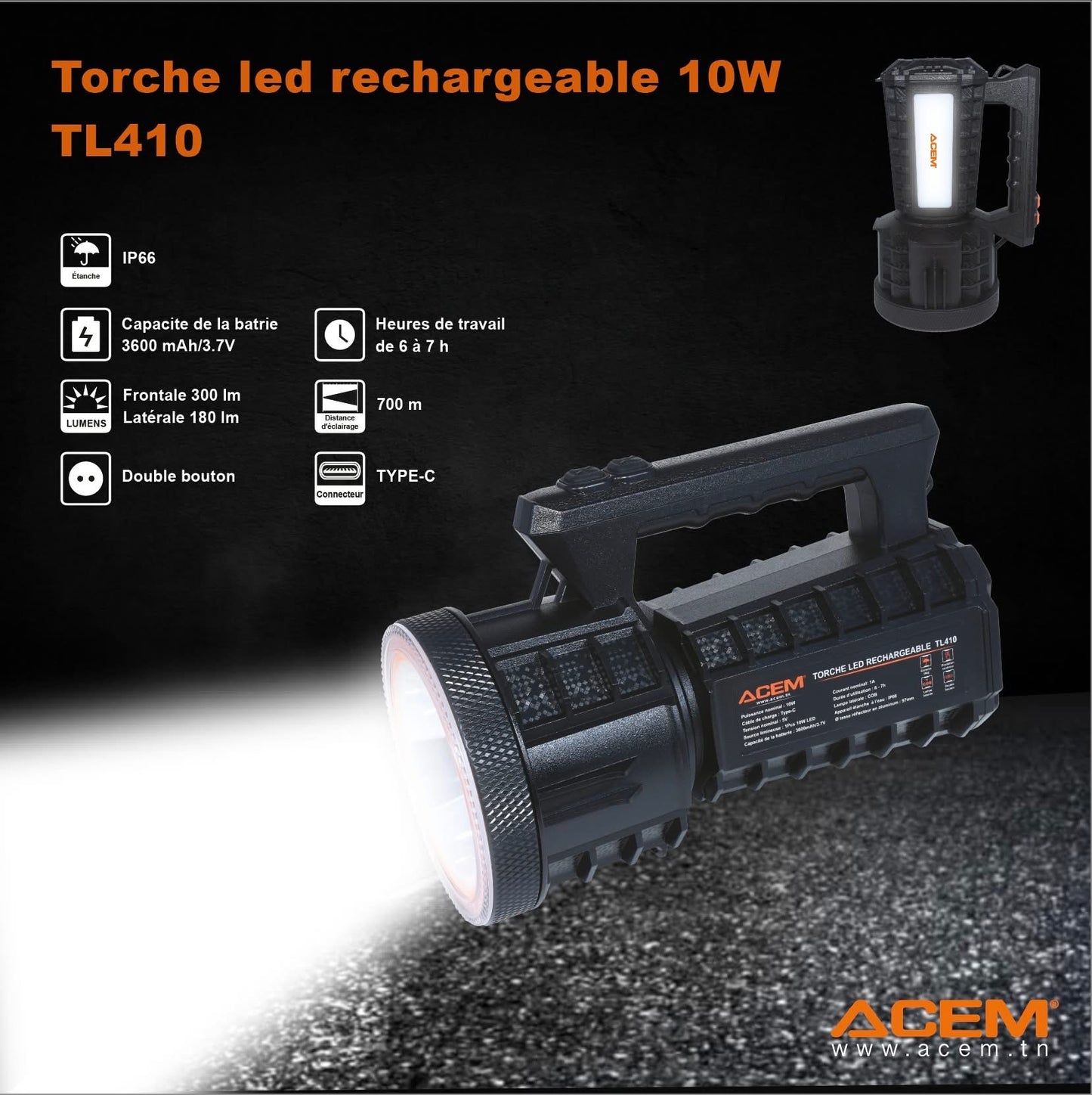 Torche LED Rechargeable 10W IP66 – Batterie 3600 mAh – USB Type-C – TL410