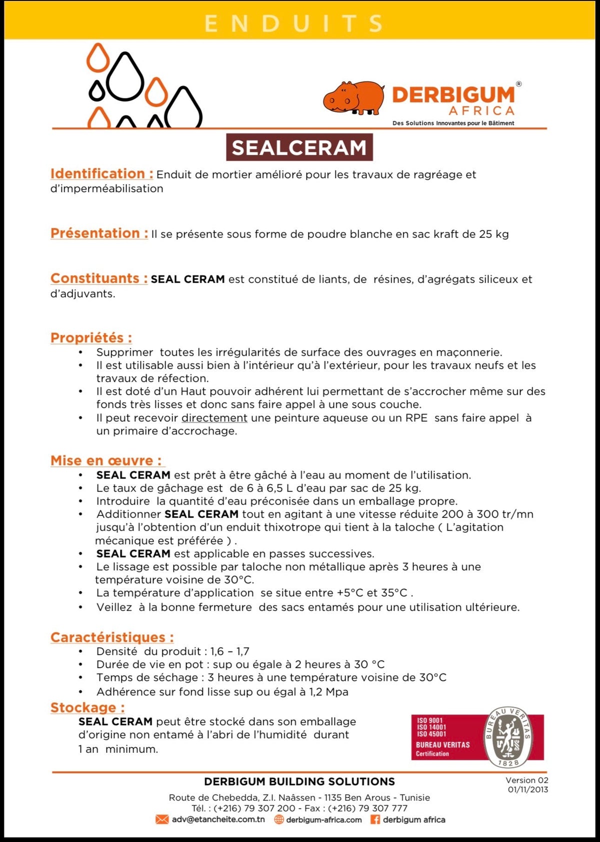 DERBIGUM SEALCERAM enduit mortier amélioré imperméabilisation ragréage sac 25kg SQES Tunisie Ariana Menzah 8