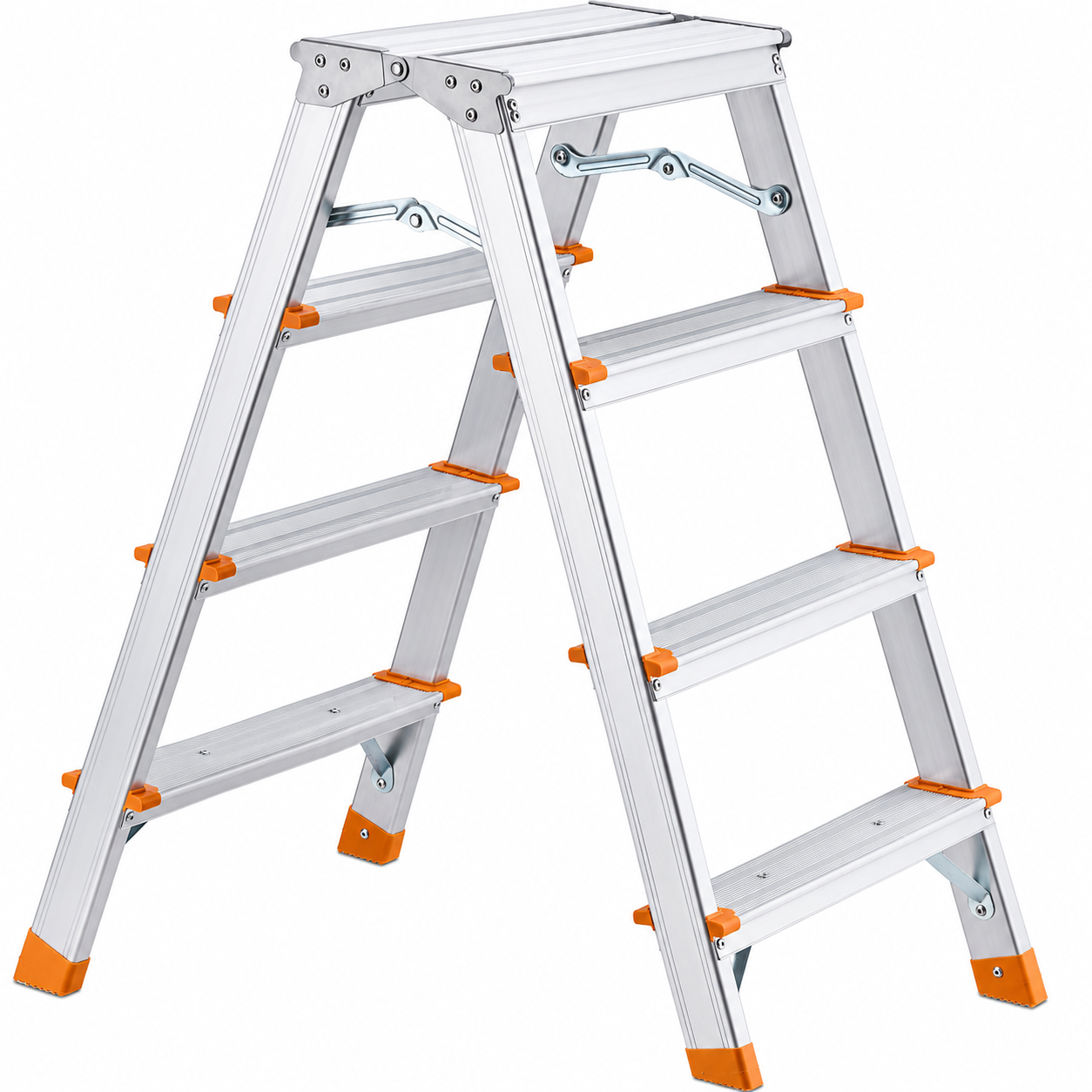 Escabeau pliable en aluminium à 4 marches, finition argentée avec embouts orange antidérapants, présenté sur fond blanc en format carré 1:1.