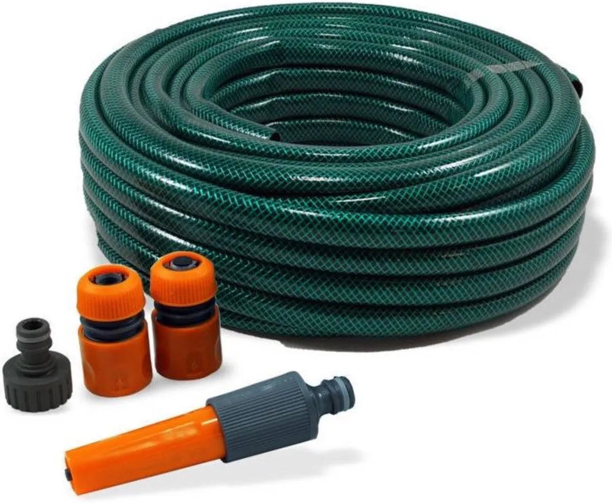 Kit Tuyau d'Arrosage 15m Vert Résistant UV 8 Bar — Structure 3 Couches Lance Réglable 2 Raccords Rapides Inclus | SQES Tunisie
