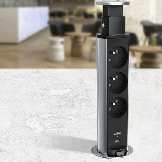 Incara Tower 60 Ø60mm à encastrer dans mobilier avec 3 prises 2P+T et 1 chargeur USB Type-A + Type-C avec cordon - SQES
