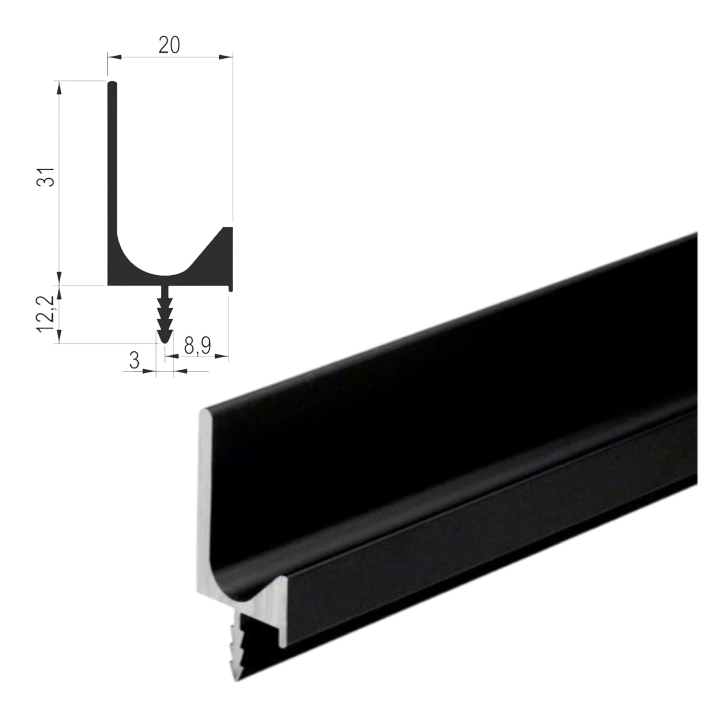 Profilé Poignée 3m Noir pour Porte et Armoire