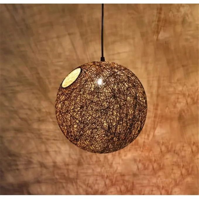 Plafonnier en Rotin Naturel MARRON - Lustre rond en forme de globe Ø22 - SQES