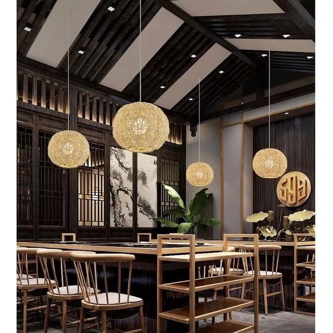 Lustre rond en forme de globe Ø38 -Plafonnier en Rotin Naturel - SQES