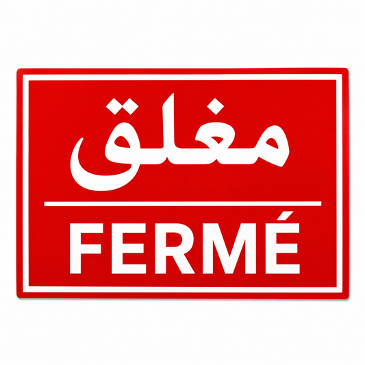 Plaque signalétique FERMÉ مغلق bilingue français-arabe, PVC rouge haute visibilité. Intérieur/extérieur abrité – meilleur prix Tunisie SQES Ariana Menzah 8.