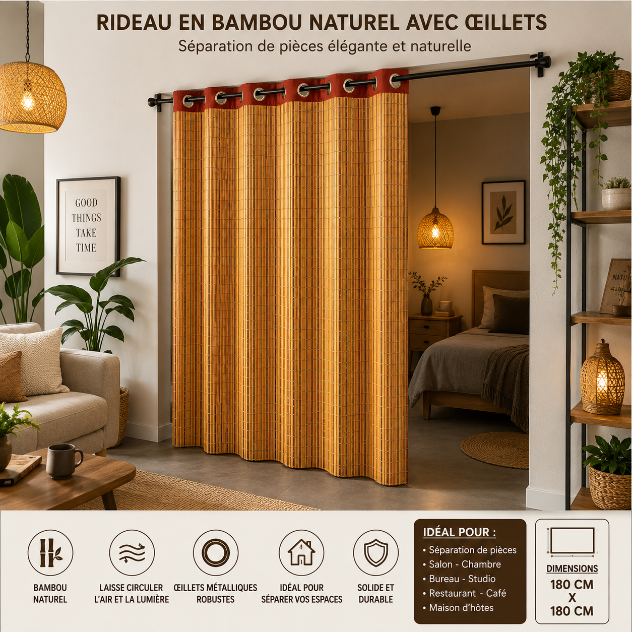 Rideau en bambou naturel 180 × 180 cm avec œillets métalliques utilisé comme séparation de pièces entre un salon et une chambre dans un intérieur moderne et chaleureux.