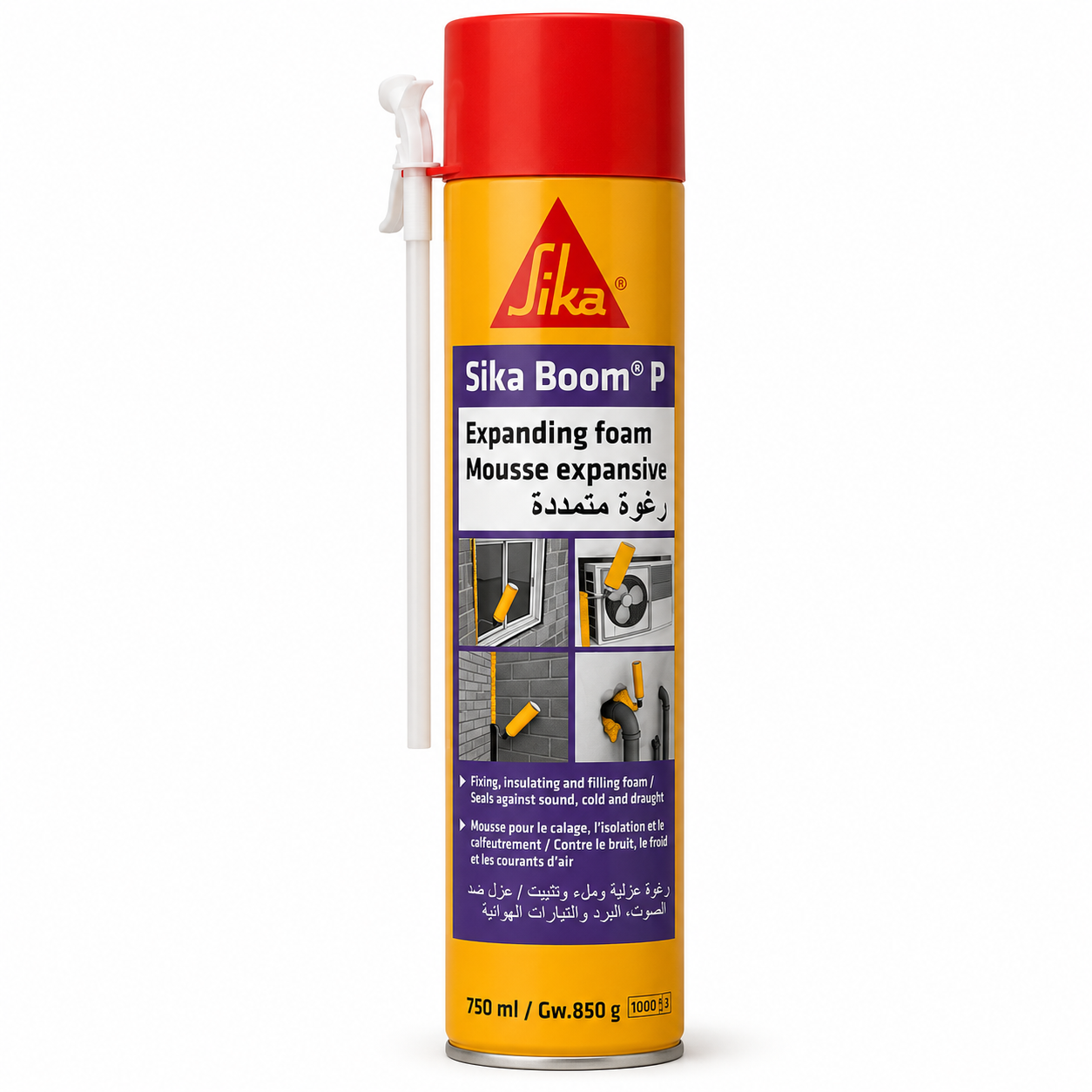 Sika Boom® P 750ml, mousse polyuréthane expansive monocomposant. Isolation thermique, acoustique, joints fenêtres/portes, tuyaux. Sans HFC. SQES Tunisie.
