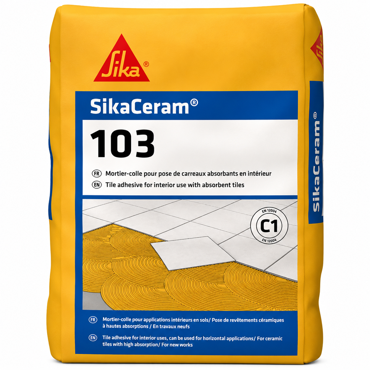 SikaCeram®-103 TN 25kg, mortier-colle C1 carreaux taille moyenne. Bonne adhérence, haute durabilité, sols et murs intérieurs travaux neufs. SQES Tunisie.
