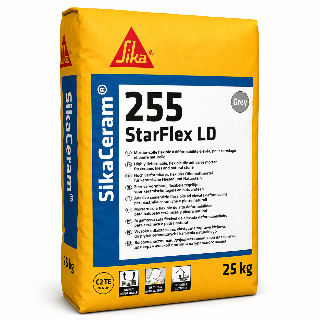 SikaCeram®-255 StarFlex LD 25kg, mortier colle déformable C2TE S1 faible poussière. Grands carreaux, piscines, sols chauffants, façades. SQES Tunisie.