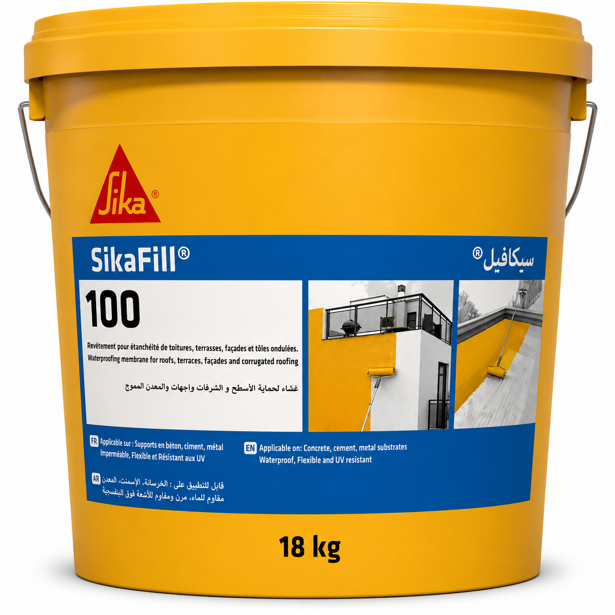 SikaFill®-100 Blanc 5kg, revêtement étanchéité souple monocomposant toitures et façades. Pontage fissures, béton, zinc, terre cuite. SQES Tunisie.
