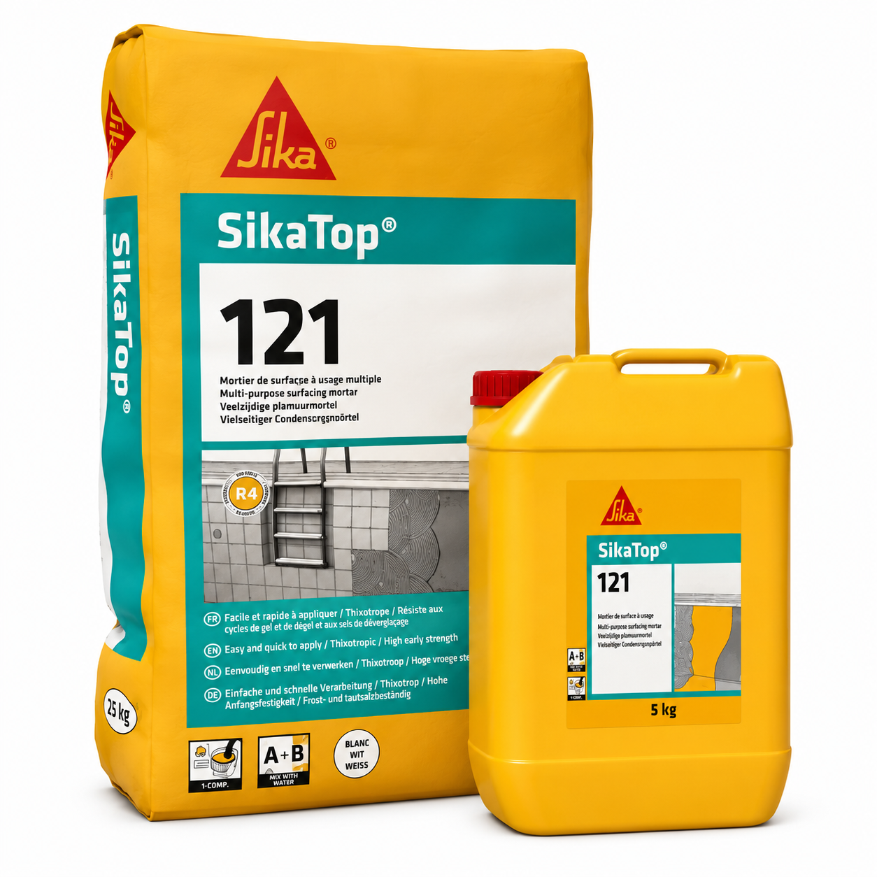 SikaTop®-121 Surfaçage Gris kit 10,7kg, mortier bicomposant surfaçage et réparation. Prêt à peindre, imperméable, adhérence excellente. SQES Tunisie.