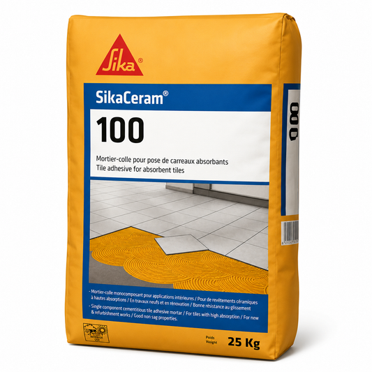 Sika® Ceram-100 Blanc 25kg, mortier-colle rapide C1-FTE carreaux céramiques. Prise rapide, anti-glissement, temps ouvert allongé. Intérieur. SQES Tunisie.