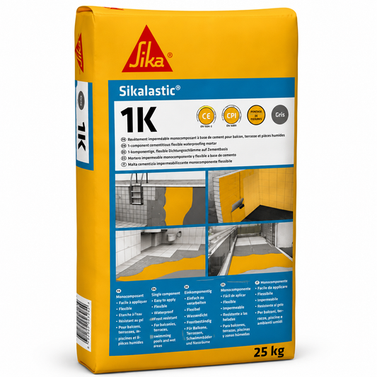 Sikalastic®-1K 20kg, mortier imperméabilisation monocomposant flexible renforcé fibres. Piscines, terrasses, balcons, sous carrelage. SQES Tunisie.