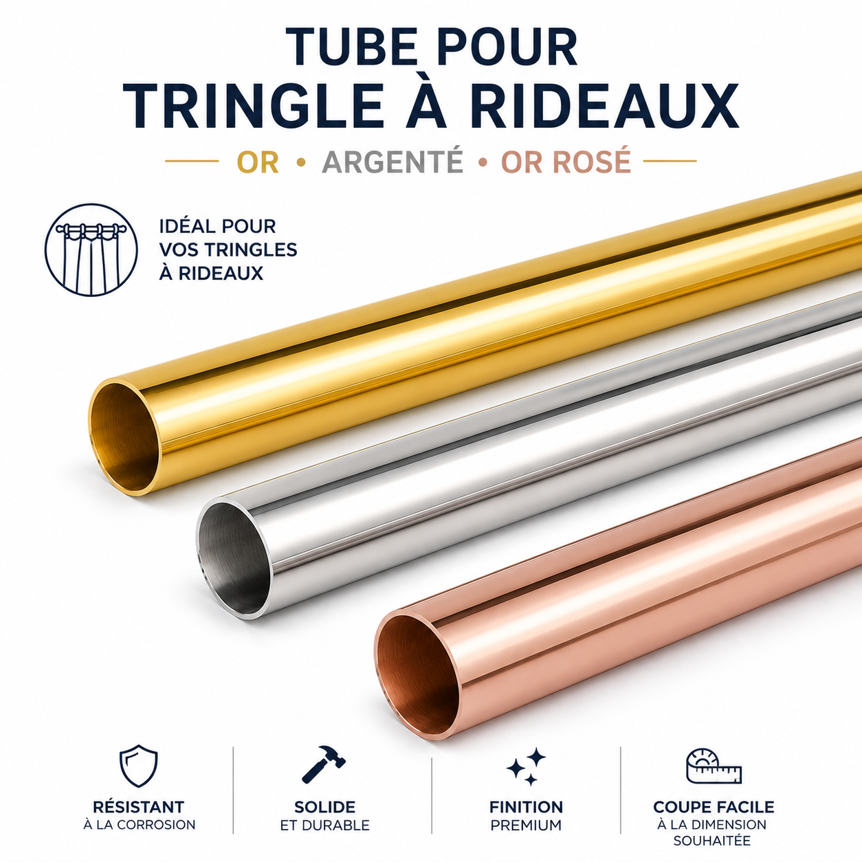tube aluminium inoxydable DN25, 3 coloris or brillant / argenté / or rosé, résistant corrosion, finition premium, SQES Ariana Menzah 8 Tunisie