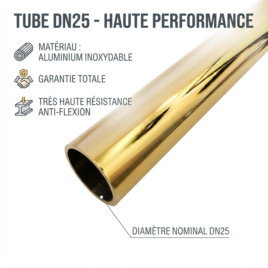 Tube DN25 Haute Performance aluminium inoxydable, or brillant, anti-flexion, SQES Ariana Menzah 8 Tunisie