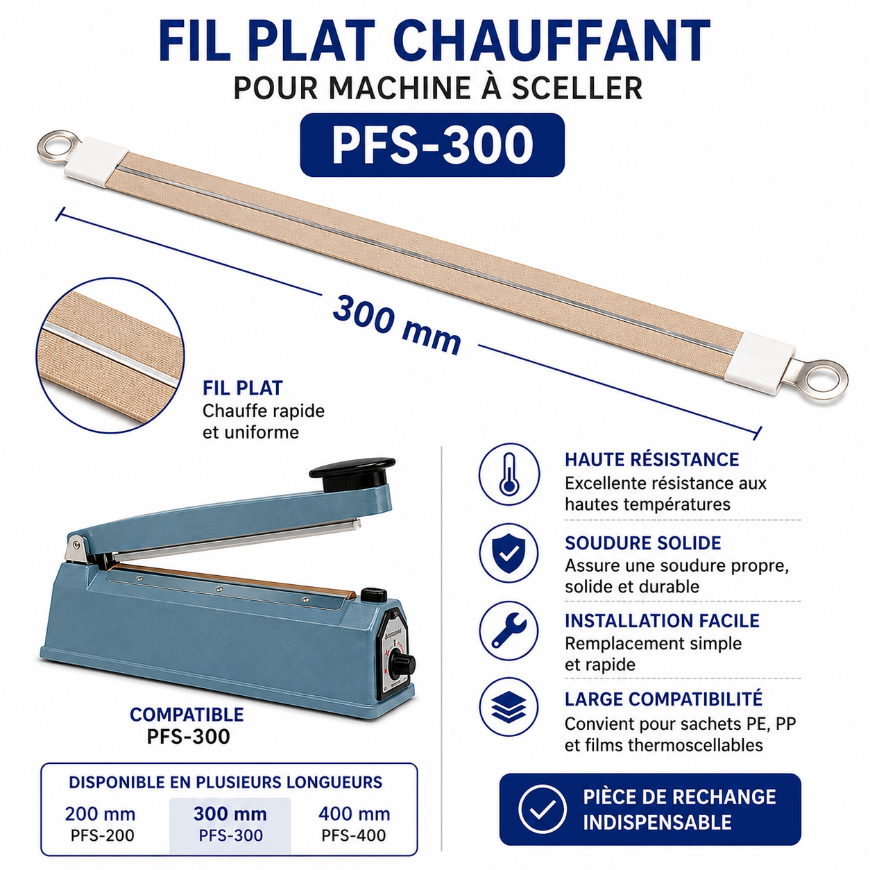 Fil plat chauffant 300mm pour machine à sceller PFS-300 Nichrome – dimensions et compatibilité – pièce de rechange SQES Tunisie