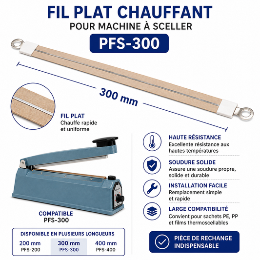 Fil plat chauffant 300mm pour machine à sceller PFS-300 Nichrome – dimensions et compatibilité – pièce de rechange SQES Tunisie