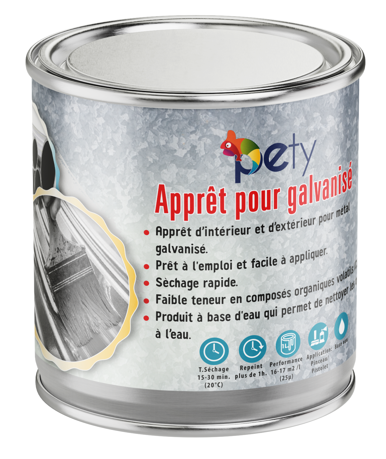 Apprêt galvanisé PETY base eau – adhérence exceptionnelle acier galvanisé, anti-corrosion, compatible soudure et oxycoupage, disponible en 250ml et 750ml
