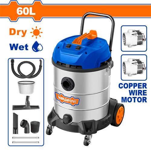 Aspirateur Industriel WADFOW WVR5A60 — 60L Inox 2400W 3m³/min 20kPa Sec & Humide Chantier Atelier Garage | SQES Tunisie
