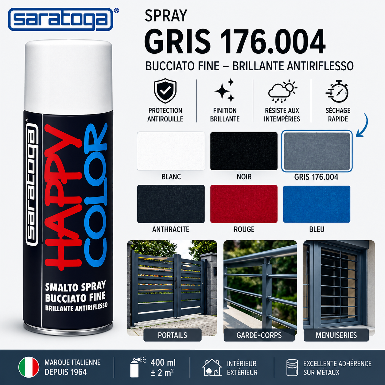 Spray Saratoga Happy Color Bucciato Gris 176.004 effet texturé brillant antireflet pour bois, métal et objets décoratifs.