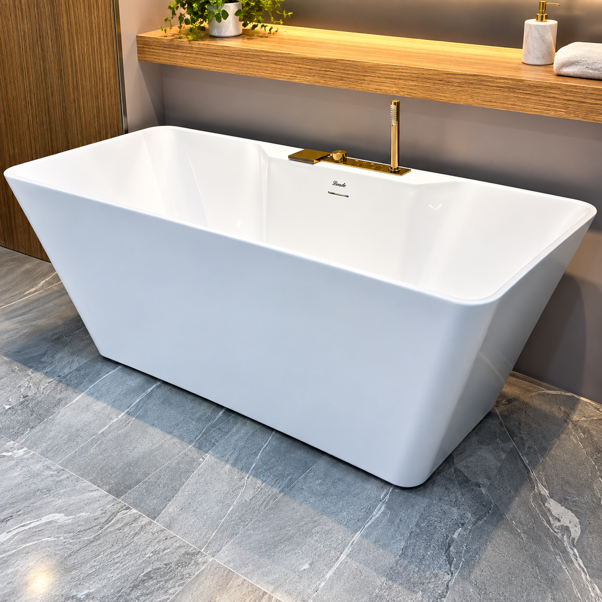 Baignoire autoportante blanche SP2852-17-J-G avec robinetterie à finition dorée, mitigeur, inverseur et douchette, 170 × 80 × 58 cm, bonde et trop-plein | SQES Tunisie
