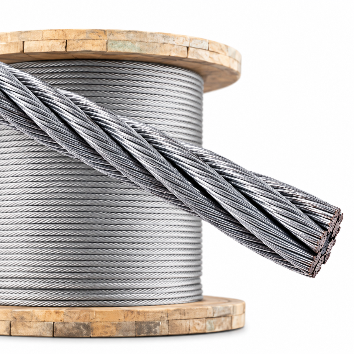 Câble acier galvanisé construction 6×19 disponible de Ø4 à Ø10 mm, en bobines de 100, 200 ou 300 m selon le diamètre.