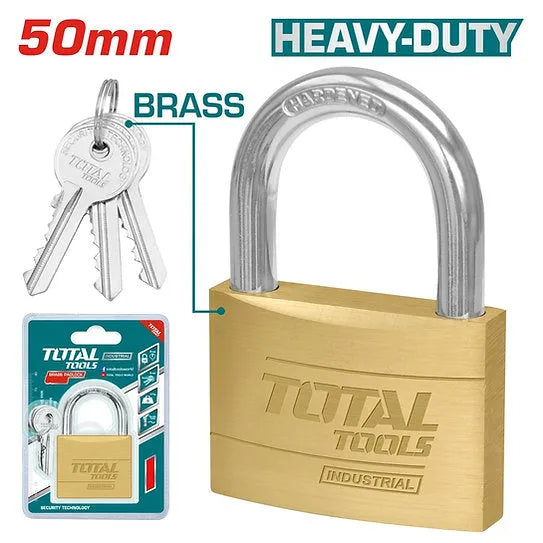 Cadenas en laiton robuste TOTAL 50mm – anse acier trempé chromée, double boulonné, antirouille, 3 clés laiton