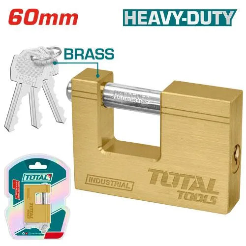 Cadenas rectangle en laiton TOTAL 60mm – anse acier trempé chromée, double boulonné, antirouille, 3 clés laiton