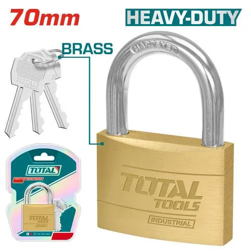 Cadenas rectangle en laiton TOTAL 70mm – anse acier trempé chromée, double boulonné, antirouille, 3 clés laiton