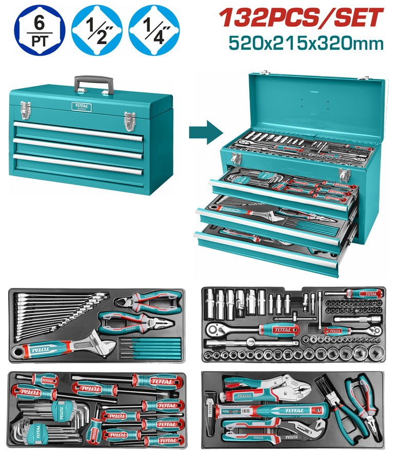Caisse à outils TOTAL THPTCS71321 132 pièces coffre acier 3 tiroirs douilles 1/4 1/2 tournevis pinces – SQES Tunisie
