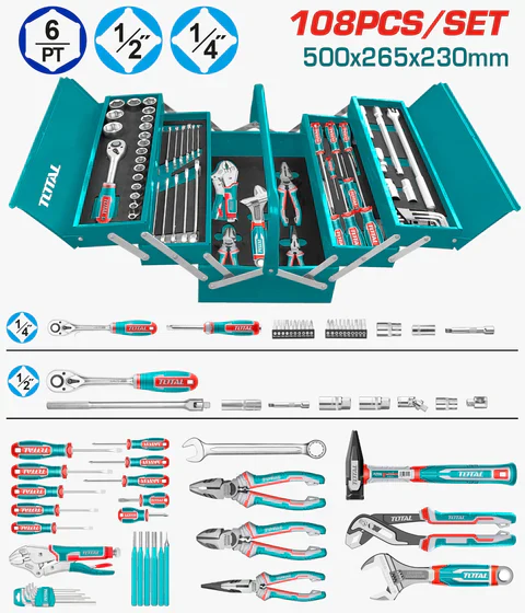 Caisse à outils TOTAL THTCS121081 108 pièces coffre acier 3 tiroirs clés cliquet douilles 4-32mm – SQES Tunisie

