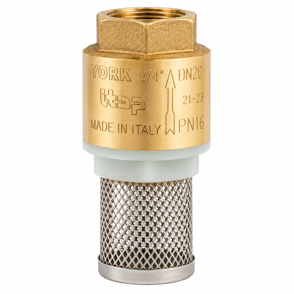 Clapet anti-retour avec crépine ITAP YORK Réf. 108 en laiton pour pompes et installations hydrauliques, avec filtration intégrée.
