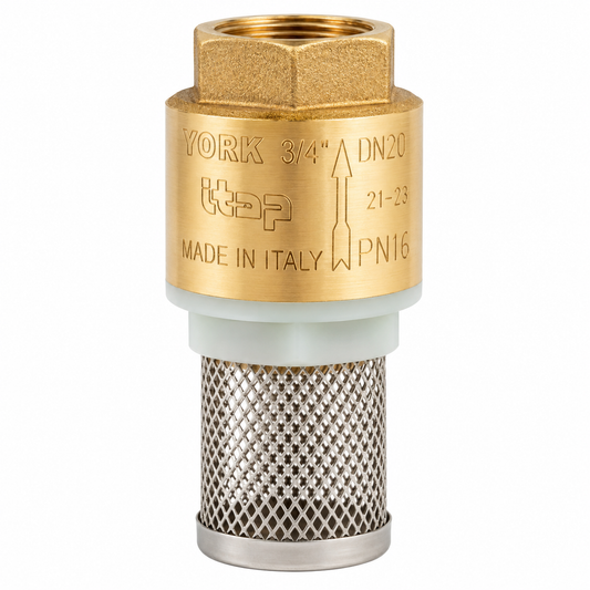 Clapet anti-retour avec crépine ITAP YORK Réf. 108 en laiton pour pompes et installations hydrauliques, avec filtration intégrée.