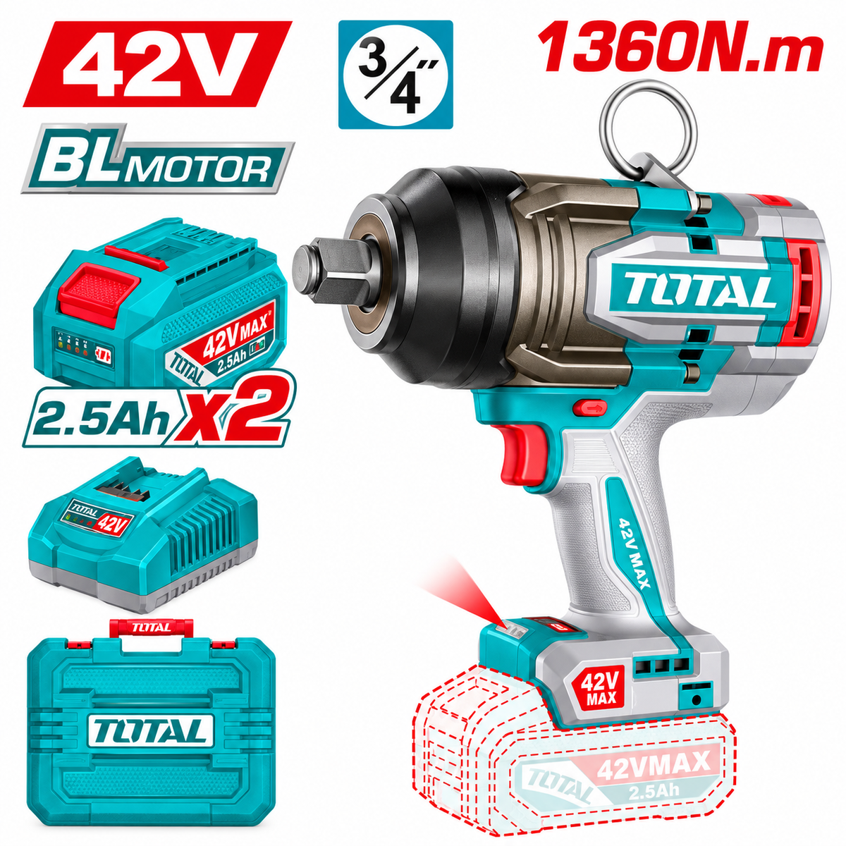Clé à chocs Brushless TOTAL TIWLI421362 42V, carré 3/4″, couple 1360 Nm et desserrage 1950 Nm, avec 2 batteries 2,5 Ah, chargeur et mallette.