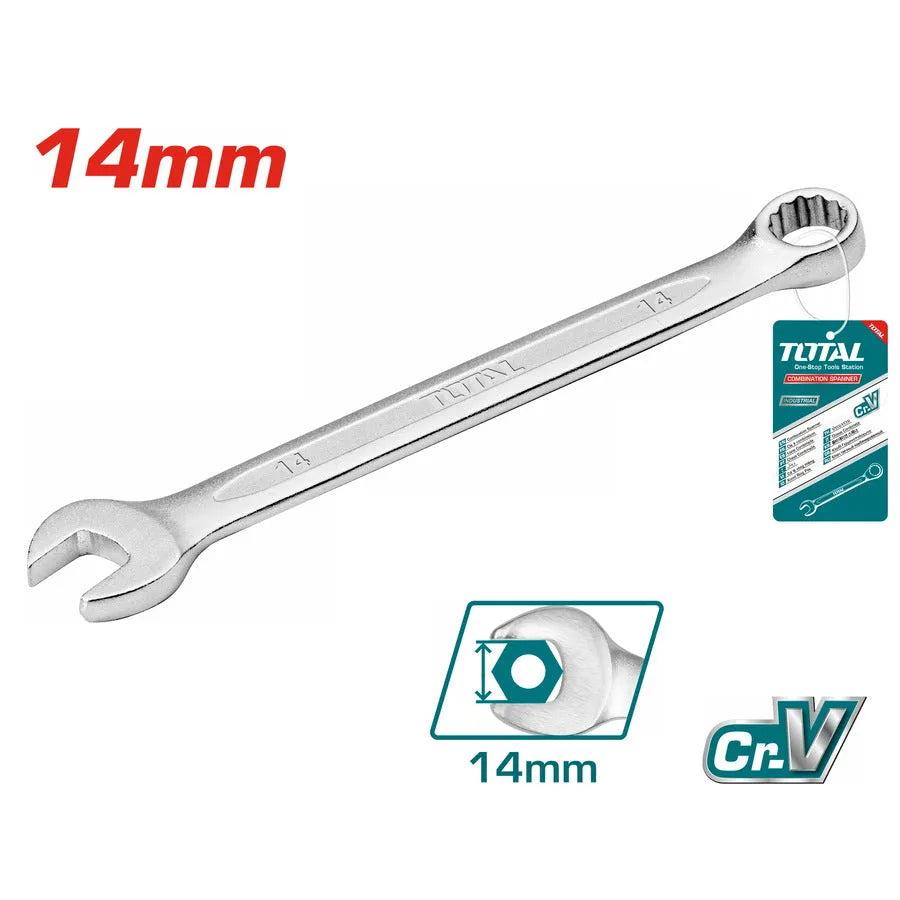 Clé mixte TOTAL acier Cr-V chromé mat – double embout fourche & œil cranté, 14mm, mécanique bricolage plomberie
