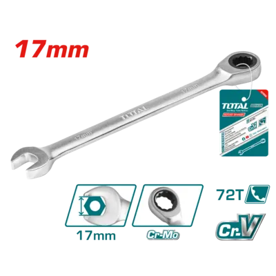 Clé mixte TOTAL acier Cr-V chromé mat – double embout fourche & œil cranté, 17mm, mécanique bricolage plomberie
