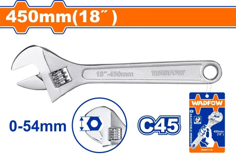 Clé à Molette WADFOW WAW1118 — 18" Acier Cr-V Mâchoire Réglable Mécanique Plomberie Chantier | SQES Tunisie
