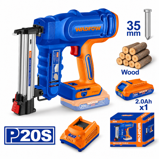 Cloueuse à Brads Sans Fil WADFOW WBJ1308 — 20V F15-F35 2 Clous/s Batterie 2Ah Chargeur 1000 Clous 35mm Finition Bois | SQES Tunisie
