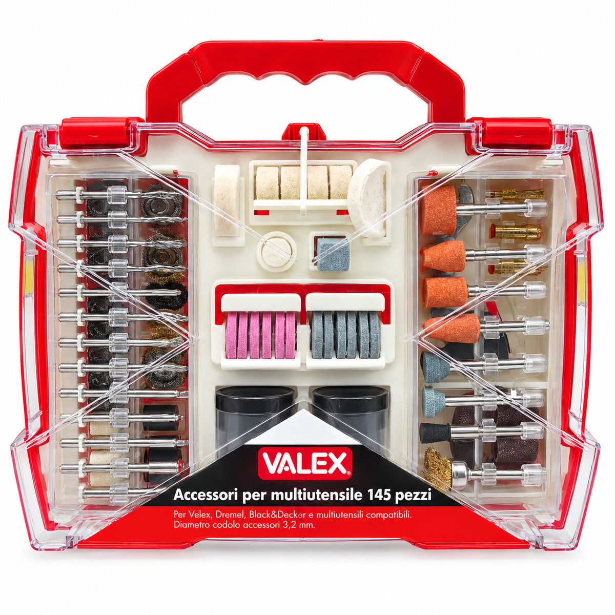 Coffret 145 accessoires pour multi-outil VALEX 1461687 avec tige 3,2 mm pour ponçage, polissage, meulage, découpe, perçage et finition | SQES Tunisie
