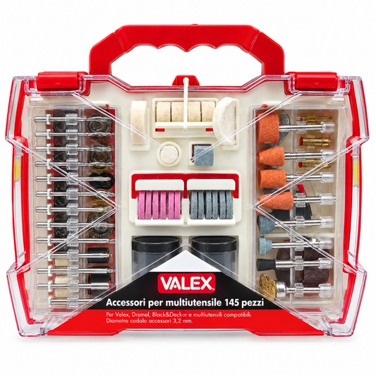 Coffret 145 accessoires pour multi-outil VALEX 1461687 avec tige 3,2 mm pour ponçage, polissage, meulage, découpe, perçage et finition | SQES Tunisie
