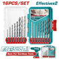 Coffret 16 forets TOTAL TACSDL11608 – 6 HSS métal, 5 carbure maçonnerie, 5 bois pointe centrée, tige hexagonale, double blister

