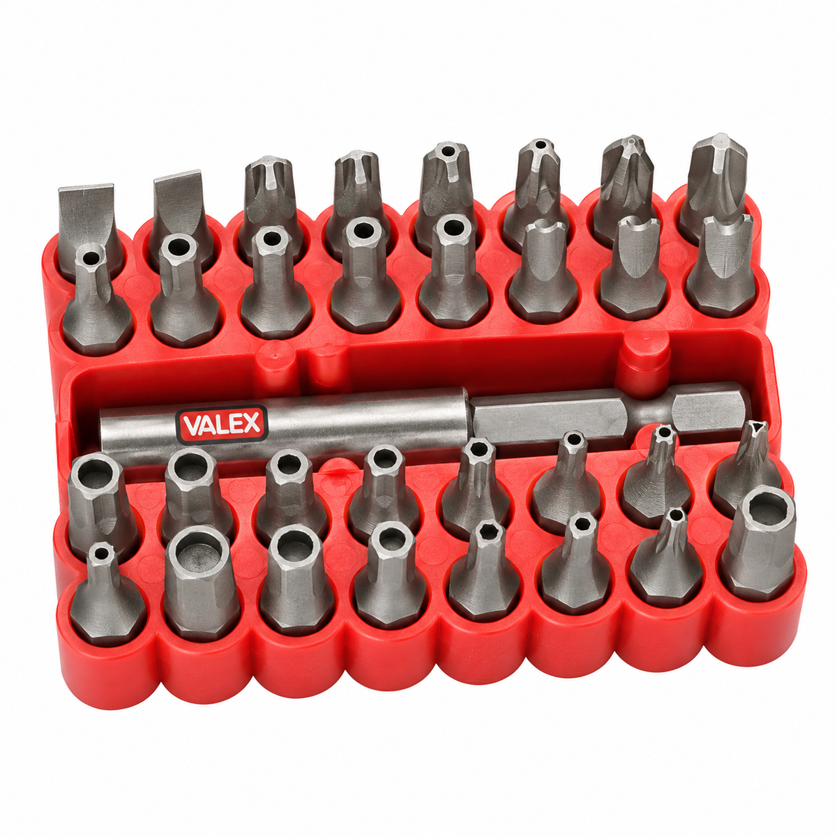 Coffret 33 embouts de vissage VALEX S33 1460688 avec porte-embout magnétique 1/4 pouce, profils fente, Phillips, Pozidriv, hexagonaux et Torx | SQES Tunisie
