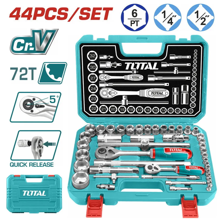 Coffret Clés à Douilles TOTAL THT421441 44 Pièces 1/4" 1/2" Cliquet 45T Chrome Micro-Fini Mécanique Auto — SQES Tunisie
